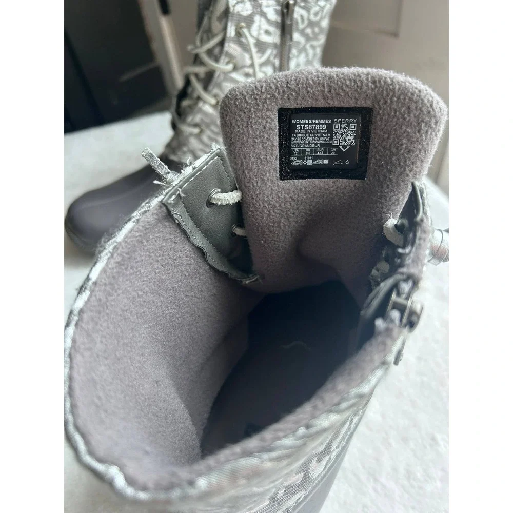 Sperry Saltwater Duck Boots Womens 12 Grey Metallic Leopard Excellent Waterproof